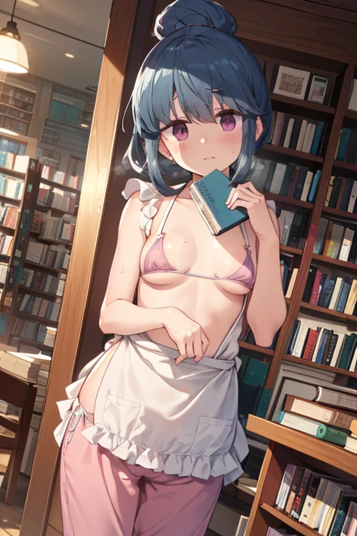 ((((nsfw)))), (((book store))), (((apron))), Close-up of face, bookstore, Hold the book, indoor, Chair, Shima Rin, yuru camp, Shima Rin, ((Waking up, Feeling overlaid)), snore, Taking a nap, Sleep, Wrist pillow, (((Cute sleeping face))),  kawaii, ****, small breast, (Gorgeous floral hair ornament), , , Swim ring,  (((Pink Bikini, Ruffled swimwear bra, Ruffled bikini pants))), Detailed depiction of nipples,  , cute, Sweat, (masterpiece, Highest quality, 8K ultra-high resolution:1.4), Written boundary depth, Focus of the film, From a dramatic angle, Emotional composition, Emotional engine full throttle BREAK Young and cute, Slender body, Flat Chest, Provocative, ((Embarrassed face)), Expressions of affection, Highly detailed glossy skin,Sweat,  topless, Exposed breasts, Shorts, Wet and shiny thighs,
ultra detailed crystal eyes, Eyes like shining jewels