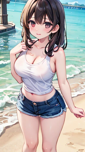 (masterpiece, Highest quality, Absurd, Game CG, figure, Very detailed), One girl, alone, (mayu kuroe), Beautiful attention to detail, Are standing, Beach, Tank top, Short shorts,Large Breasts