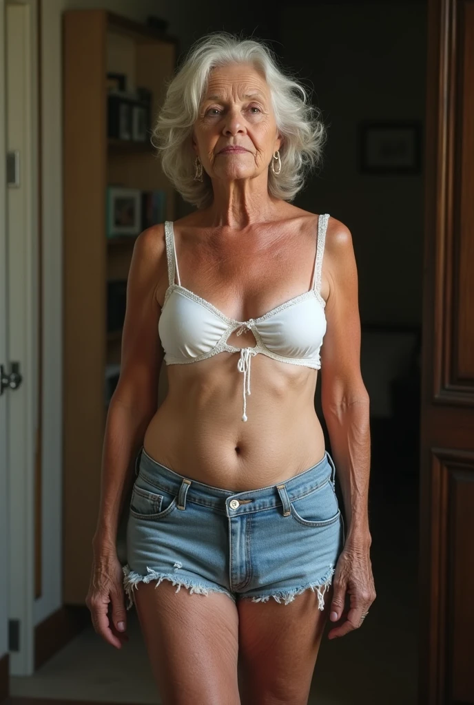 I want a realistic image of a thin woman with white hair, a wrinkled face, sagging breasts. She is wearing beige panties and a beige bra. She is in a room on a farm, a humble room.
