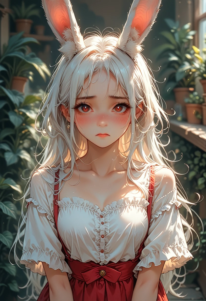 Anime girl with white hair and rabbit ears, Red eyes, shy blush, 