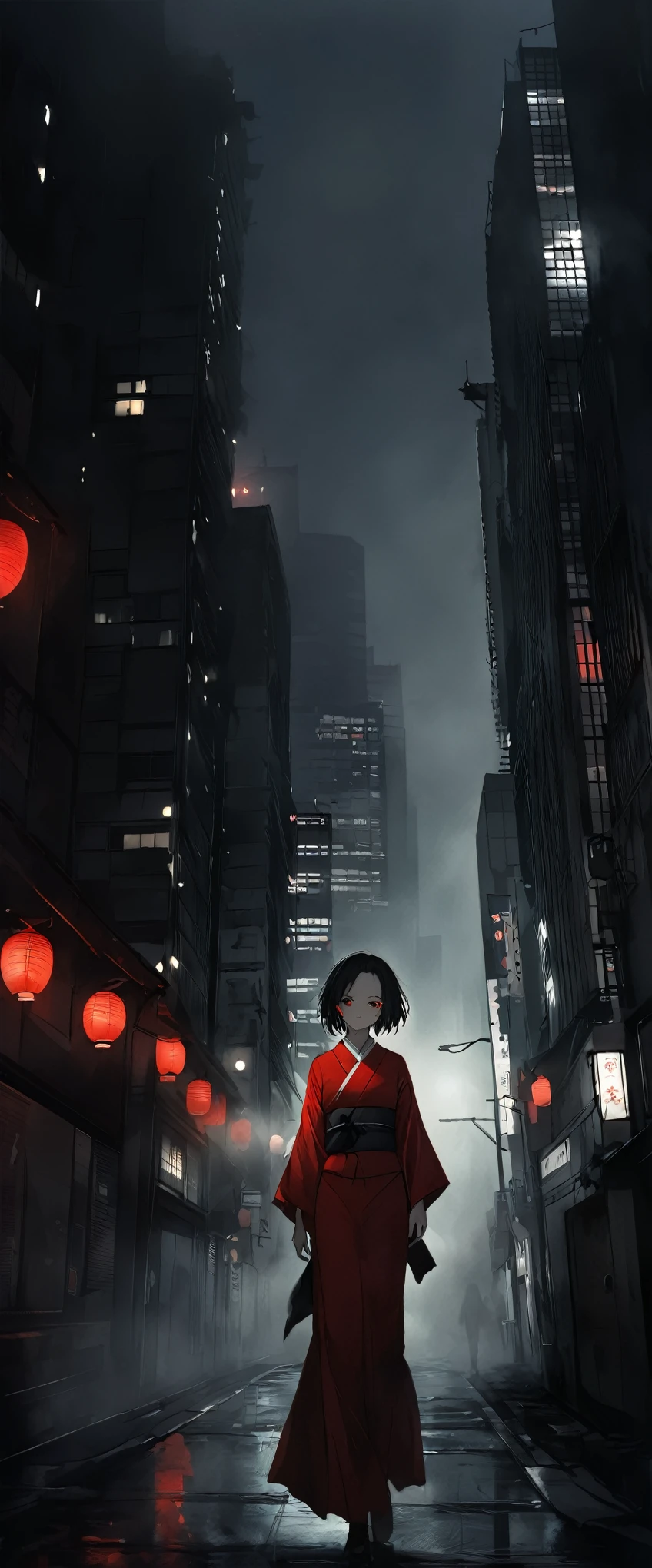 Red silk kimono。Beautiful in the fog,Walking in the fog。Black belt。smile。Black short hair。forehead, Beautiful red eyes。Dead skin。alone。darkness。Spooky atmosphere。Japan。Concrete city。Dark atmosphere without light。night。Red flower,Chiaroscuro,Skyscraper。