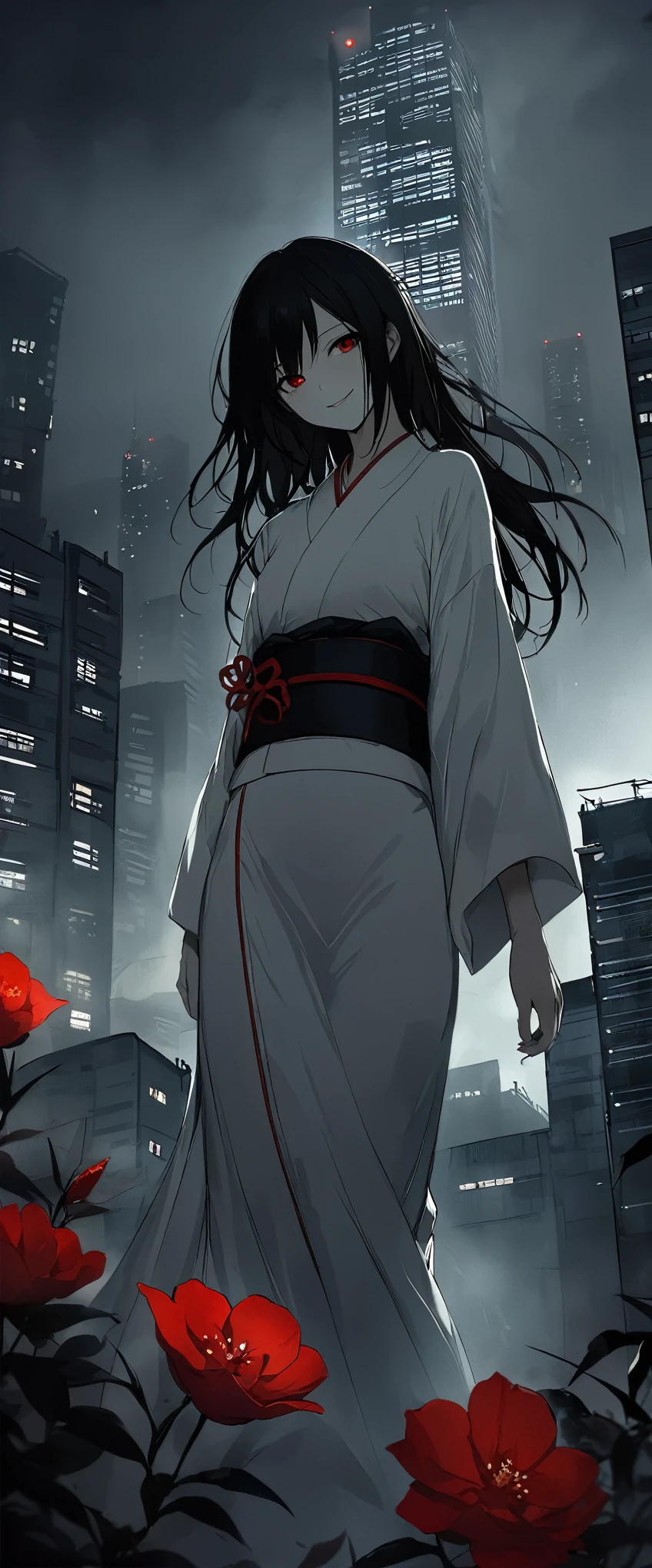 White silk kimono。Beautiful in the fog,Walking in the fog。Black belt。smile。Black long hair。, Beautiful red eyes。Dead skin。alone。darkness。Spooky atmosphere。Japan。Concrete city。Dark atmosphere without light。night。Red flower,Chiaroscuro,Skyscraper。