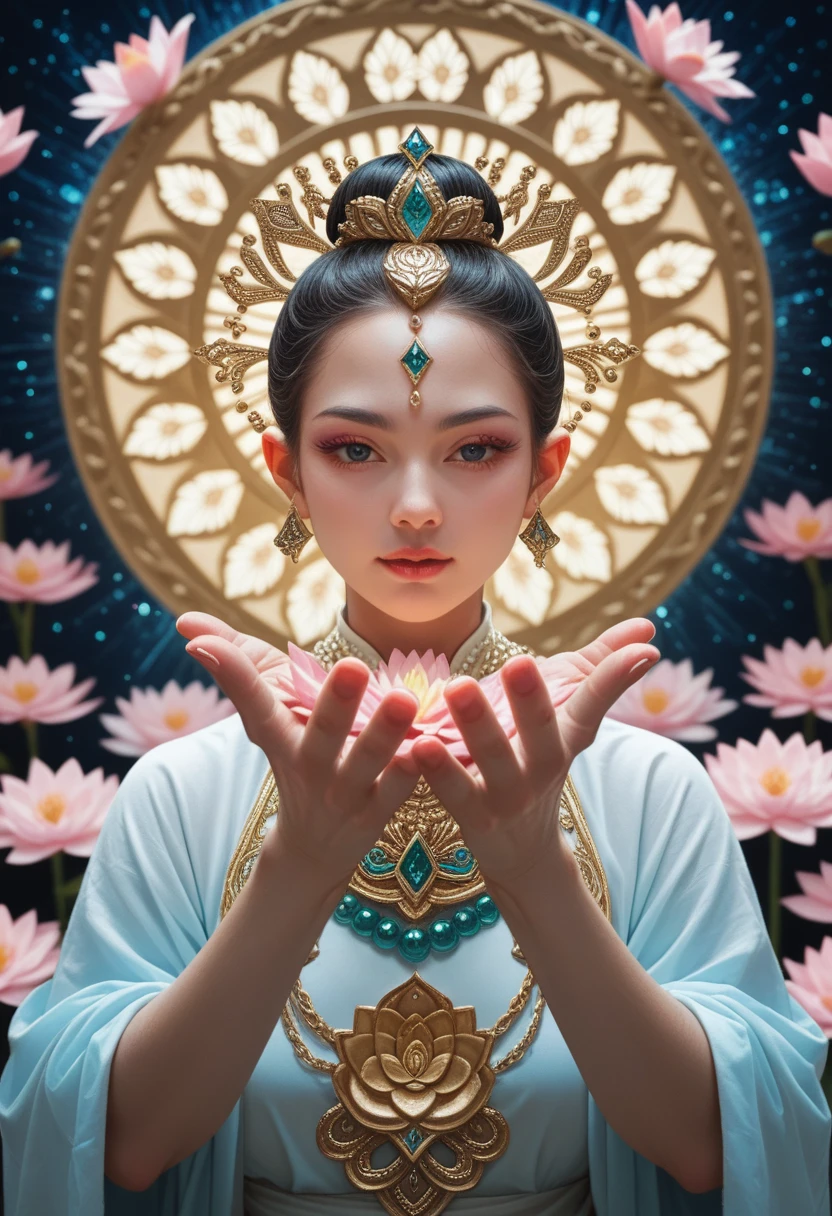 Lotus flower being scooped up by the Buddha's hands, huge hands, divine light, dazzling background,