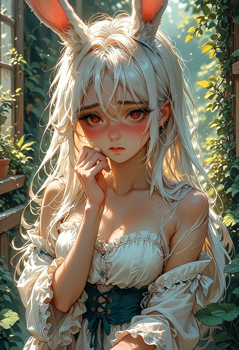 Anime girl with white hair and rabbit ears, Red eyes, shy blush, 