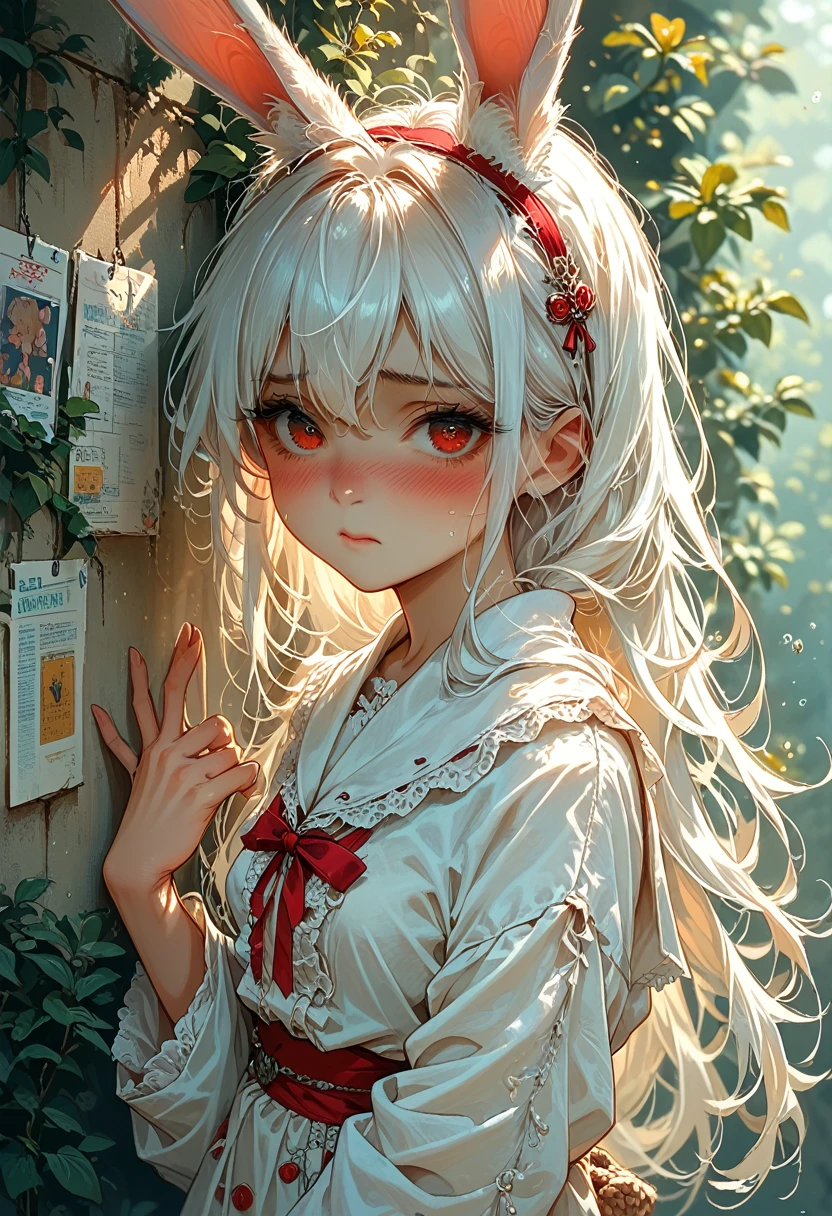 Anime girl with white hair and rabbit ears, Red eyes, shy blush, 