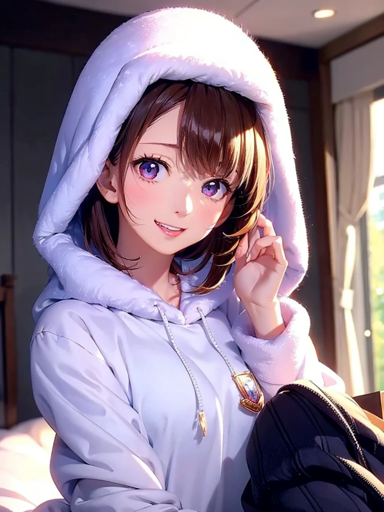 High resolution, 8k, Highest quality, detailed, Semi-realistic anime, Anime 3D Style, Smooth anime CG, One Girl, 20 year old Japanese woman, slim, Modeled, Shiny brown hair, detailedな顔, Beautiful and detailed, Glowing Skin, Hard Focus、Film Grain, Soft lighting, Looking at the audience, Laughter, (White fluffy pajamas、Wearing a fluffy white hood), Bedroom