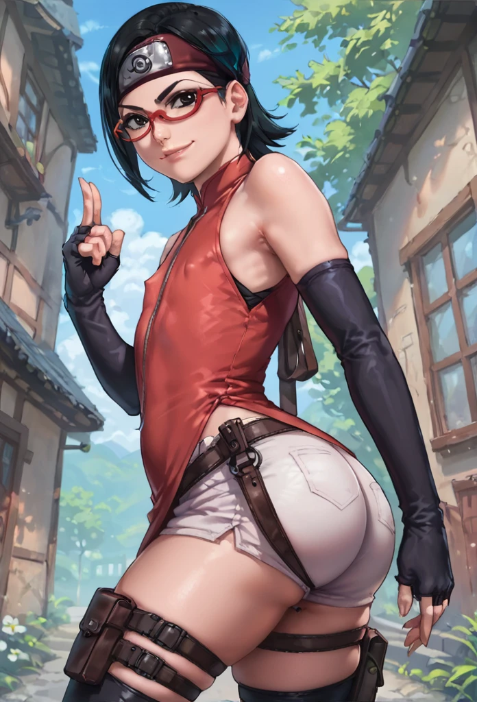 score_9_up, score_8_up, score_7_up, score_6_up, score_5_up, score_4_up, ,zPDXL2, solo, rating_safe, perfect face, perfect eyes, BBC_Chan Style, Sarada Uchiha, solo, 1girl, black hair, short hair, red-framed eyewear, headband, glasses, black eyes, double slit red dress, sleeveless, elbow gloves, black gloves, fingerless gloves, white shorts, black thighhighs, thigh holster, large round butt, bubble butt, gluteal fold ,konohagakure village pathway, flat chest,full lips, wide hips, thick thighs, (cheeky_smirk:1.3), nipple bulge, (side view:1.4)
