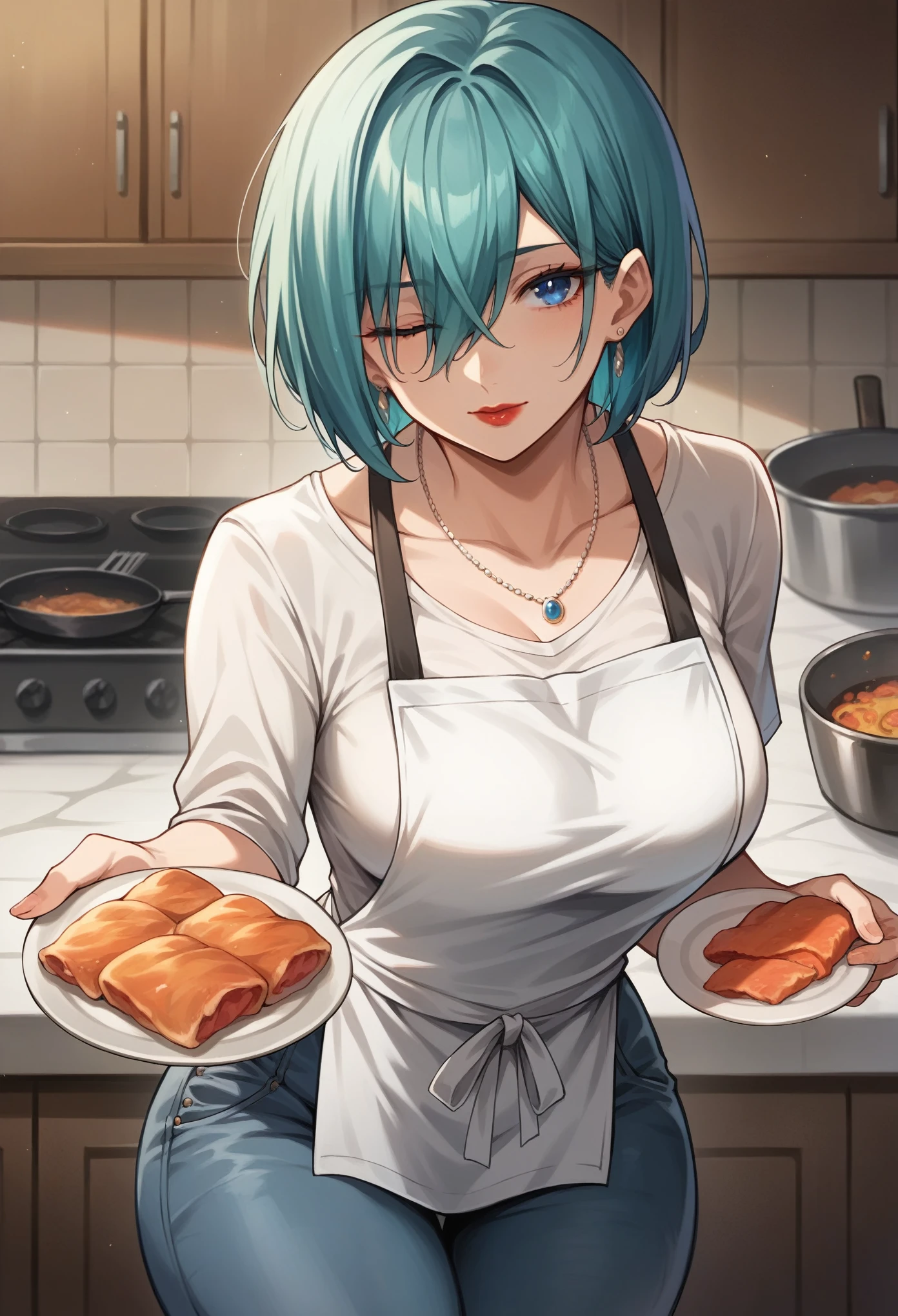 art by kipteitei, 1girl, (light green hair), short wavy hair in ponytail, blue eyes, (naked), (blue apron), happy expression, (skinny), (holding frying pan), (side view), standing, looking at viewer fancy kitchen with windows and counters, perfect shading, field of depth, perfect lighting, (best quality, masterpiece)