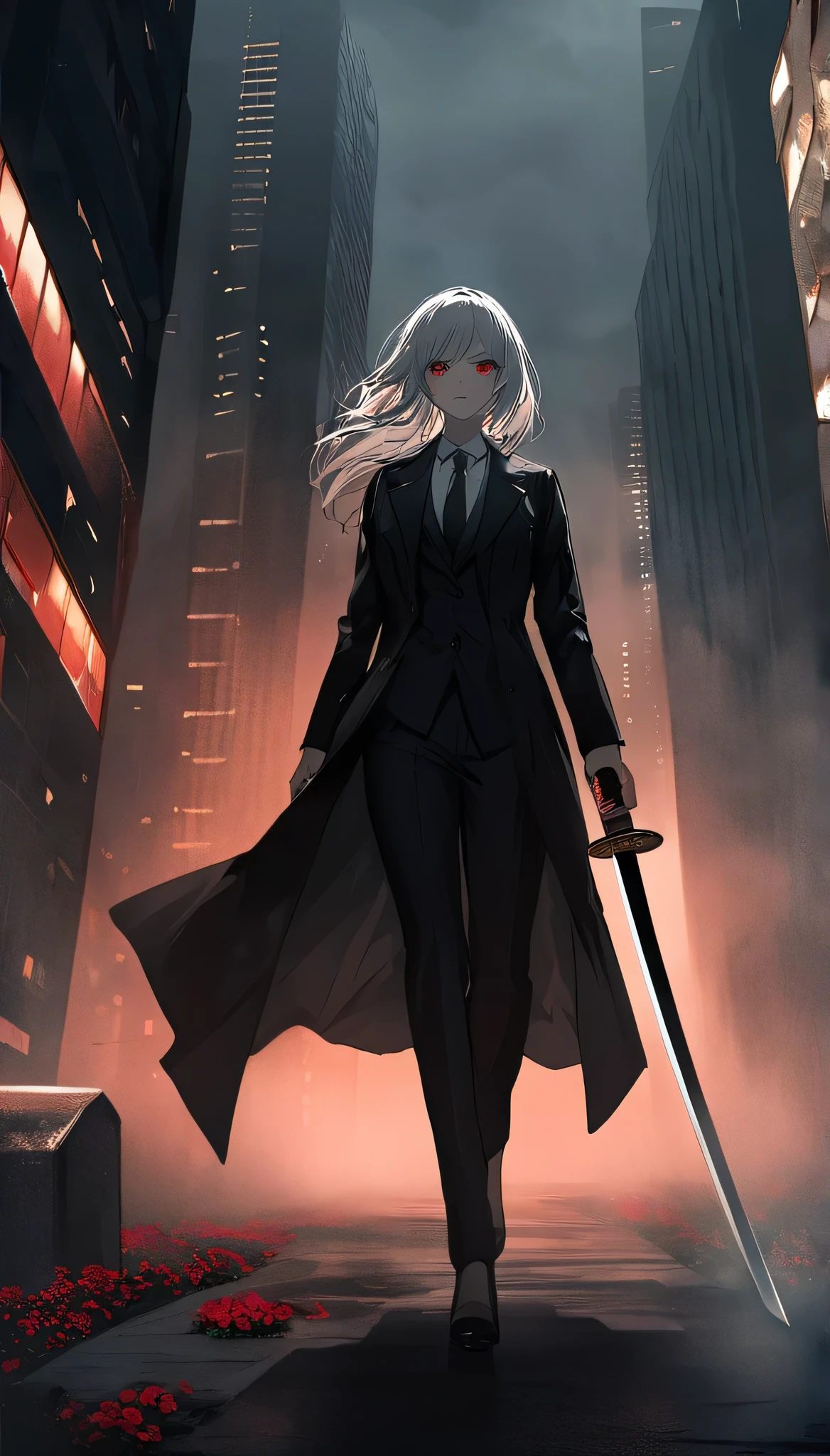 A woman in a fog, holding a Japanese sword in her right hand, wearing a black long coat over a suit, with long white hair and beautiful red eyes, walking alone in the dark, gloomy atmosphere of a concrete city at night, with red flowers, chiaroscuro lighting, and towering skyscrapers in the background.