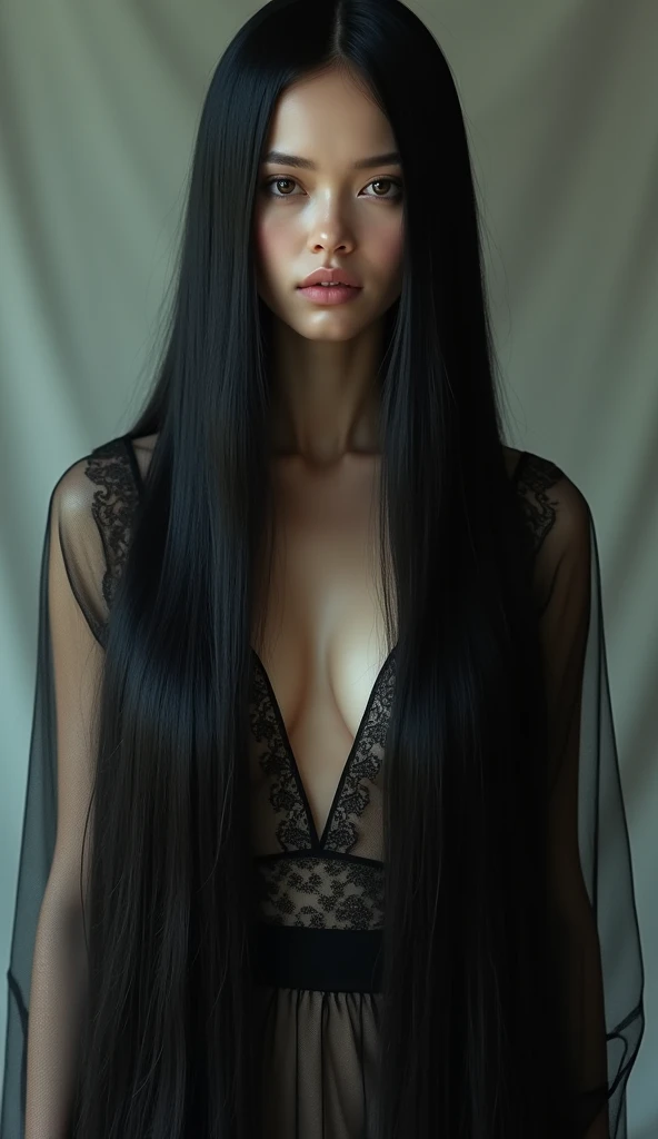 a woman with long black hair, tumblr, digital art, extra-dark natural black hair, dark hair and makeup, jet black hair, wavy long - length black hair, madison beer girl portrait, portrait sophie mudd, dark black hair, wavy long black hair, young, black hair, blue eyes, large breasts:2, slim waist, simple background,((best quality)), ((masterpiece)), (detailed), perfect face, large ass, eyeliner