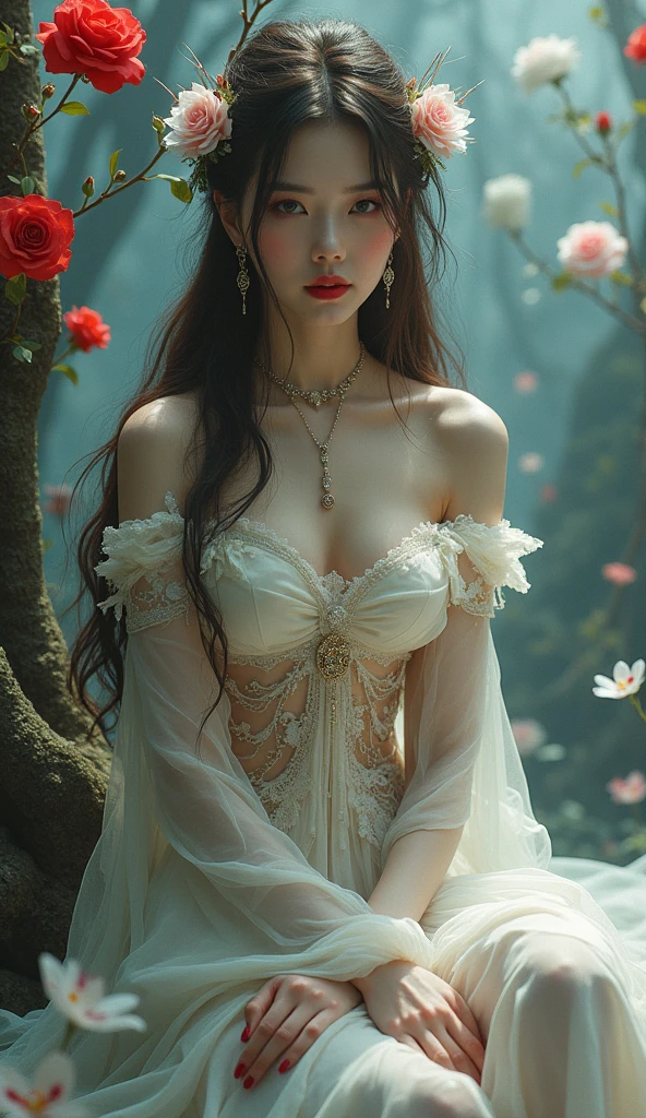 Imagine a pale-skinned vampire with black hair and dark eyes, wearing a white wedding dress with elven sleeves, accessories in silver and black crucifixes, Victorian style, similar to death, well-detailed in a cemetery with many plants in excellent lighting.