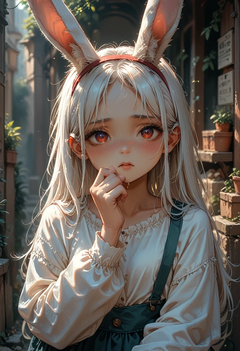 Anime girl with white hair and rabbit ears, Red eyes, shy blush, 