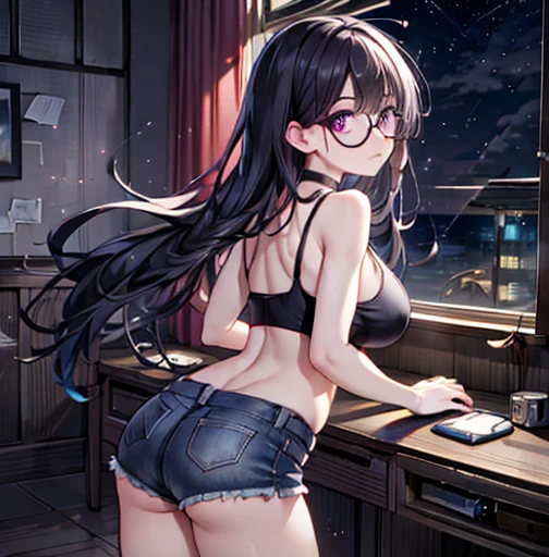 ((1 girl)),((alone)), Nanpo Hizuru, masterpiece, Super detailed, Detailed Background, Sharp focus, Curved body, View your viewers, Perfect Fingers, Mature Woman, Cowboy Shot, Dynamic pose, I have long hair, Black Hair, Black glasses, Purple eyes, smile, Fascinating, Are standing, black choker, choker, (Exposing shoulders, , indoor, night, moon, window, Beach View, Hotel Rooms, Ocean view: 1.5, cloud :1.5), Black tank top, Neckline, Exposing shoulders, Exposed navel, Black gloves, Denim shorts, Short shorts, barefoot, Black shoes, Large Breasts, Medium Waist, Medium Hips, wide thighs, Round ass, (( alone)),Are standing, Recall,From behind,((Focus on the butt)), throw (From below), Perfect Anatomy, Perfect hands,Large Breasts