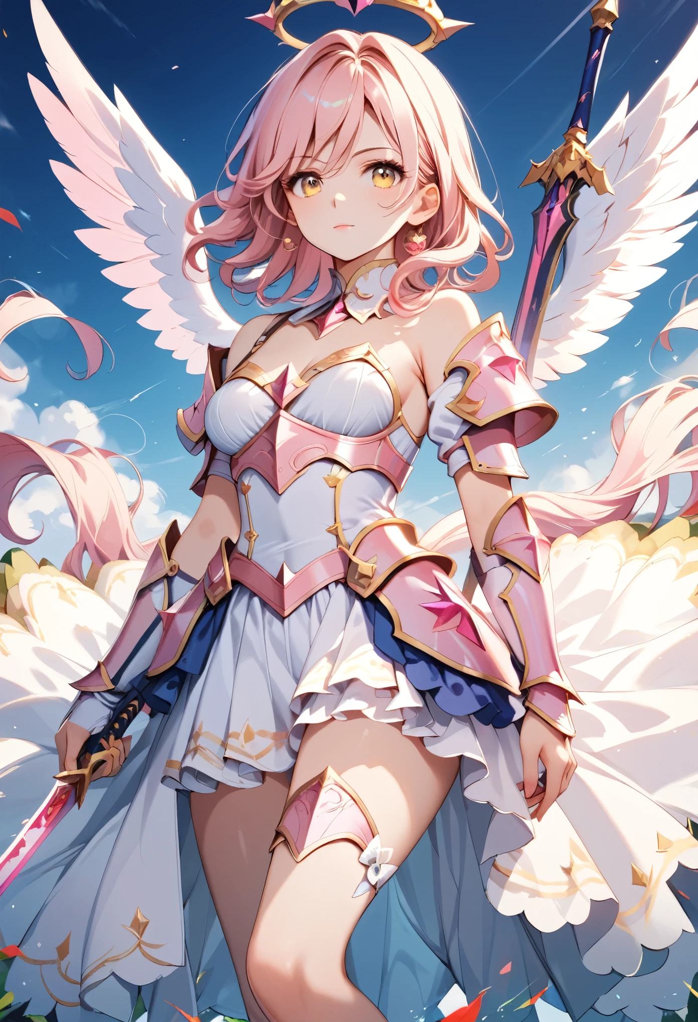 score_9, score_8_up, score_7_up, score_6_up, anime style, (masterpiece), best quality, 1girl, centered, Valkyrie, angel knight in withe dress and sliver armor, shiny armor, High-gloss armor, reflective metal armor, holding sword, (long_sword), pink long curly hair, yellow eyes, wings, white outfit, perfect lighting, animepastelz