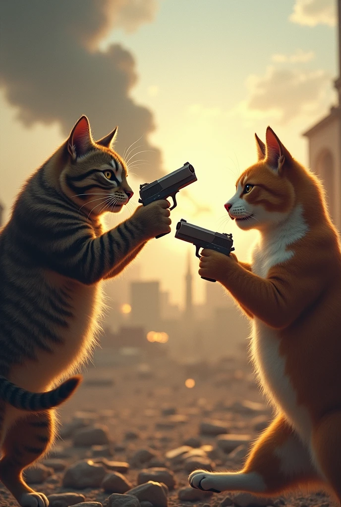 A dog with a knife and a cat who has a gun fighting each other in arena