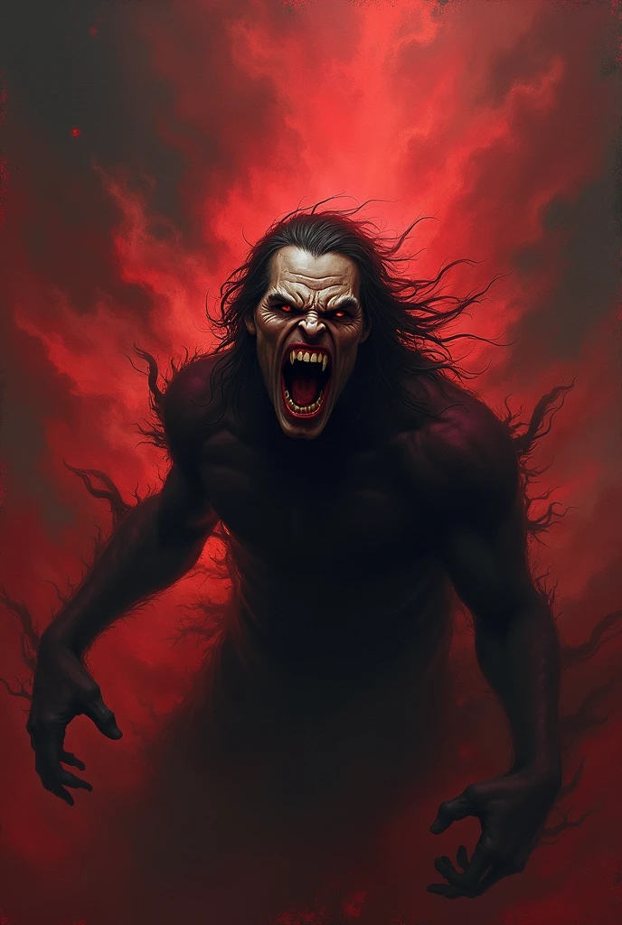 Digital Art Style -- Scary -- Mixture of man and demon -- Strong and very tall body -- Long hair, smooth ass, black and messy -- Smiling madly, disproportionately wide smile, sharp teeth with blood dripping -- dark gray skin -- wide eyes, completely red, bright -- Blood running from the eyes -- Long arms, long sharp nails -- Black colored wizard robe, Short sleeves -- Black background with red light coming from behind it, blood splattered, Red smoke
((4k image quality, HDR, face detailed, detailed clothing, detailed scenery))