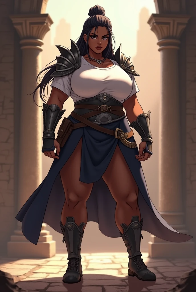 full body, barefoot, Solo, female, (orc, red skin), linen tunic, fantasy village, muscular, armor, slave outfit