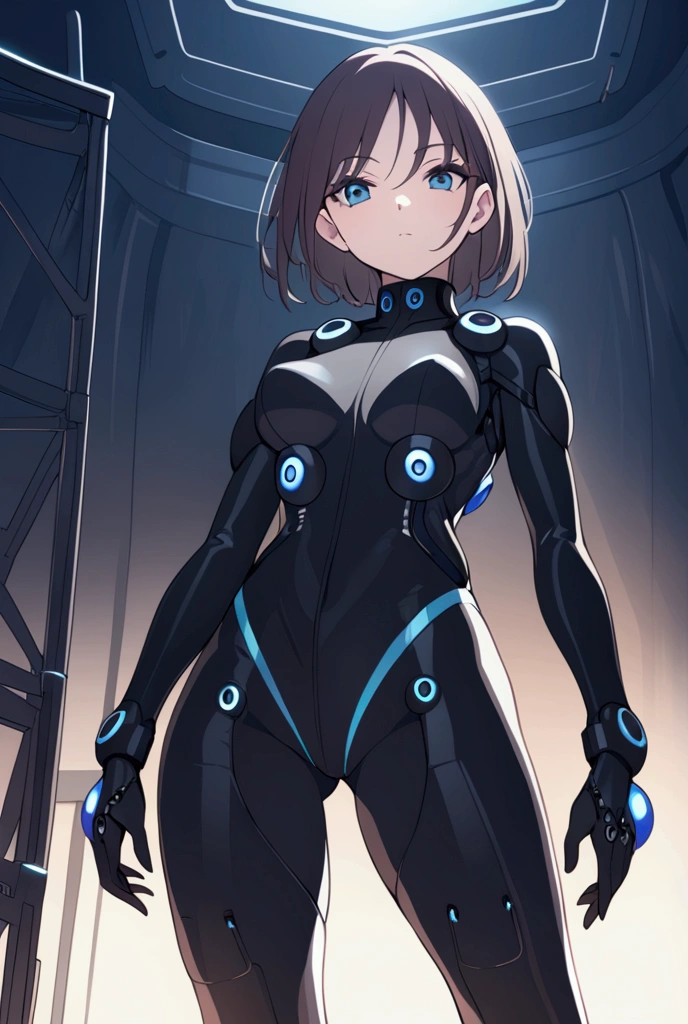 (the Extremely Detailed CG Unity 8K Wallpapers,masutepiece),(Best Illumination, Best Shadow, extremely delicate and beautiful),(1boy),Blue eyes, Dark hair,Red and black sci-fi bodysuit,Neck Seal,High-tech sci-fi corridor, Dynamic Pose, Detailed Machinery, sleek design.