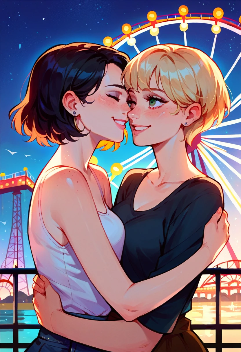 score_9, score_8, score_7, score_8_up, score_7_up, score_6_up, 2girls, (((xgix,black hair,bob cut,blunt bangs,brown eyes,lipstick,bracelet, tank top, belt, brown shorts, small breasts, lies on back))), (((xlinkax, blonde hair, ponytail, blue eyes, medium breasts, tank top, belt, brown shorts, spread legs))), lies on floor, by wooden bench, sunshine, hugging, kissing, grab breasts and ass, covered nipples, french kiss, saliva , seductive, blushing, aroused, side view, spread ass,