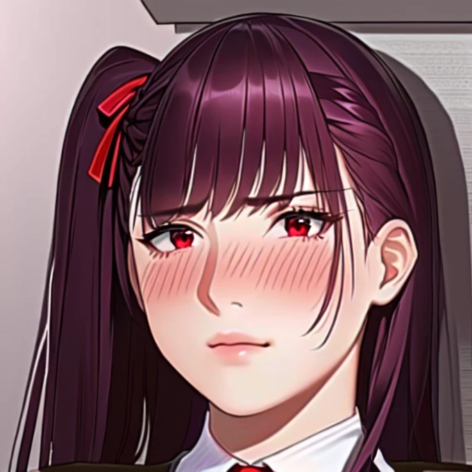 young girl, alone, looking at the viewer, (realist:1.4), (WA2K:1.0), Red eyes, shirt, jacket, Red tie, (Claret hair), braid, (one side up:1.2), (hair band), (blush, ashamed), (detailed, ultra-detailed, high detailed, ultra realist 8k CG, perfect work of art, high quality), Wood table, flores, interior