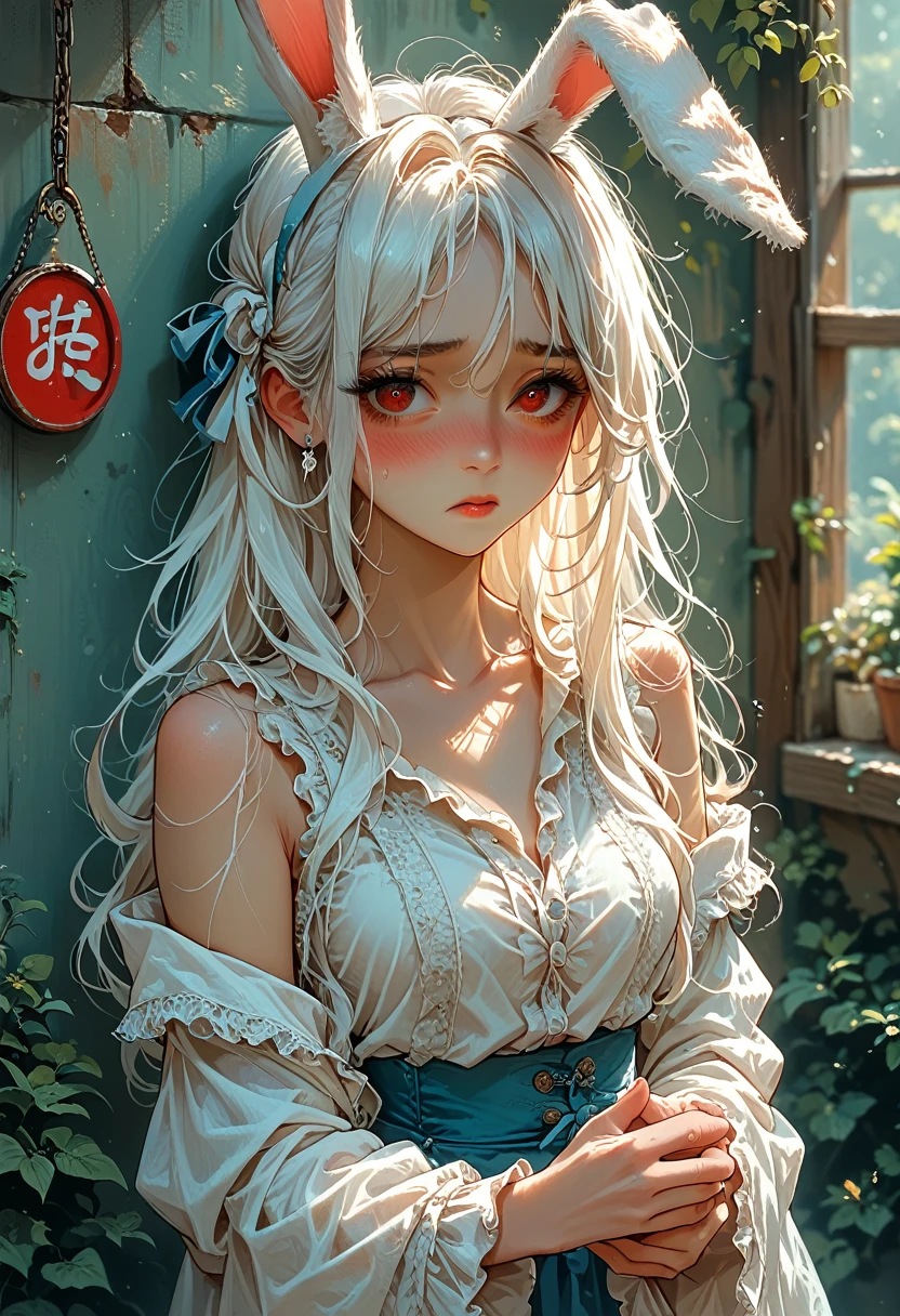 Anime girl with white hair and rabbit ears, Red eyes, shy blush, 