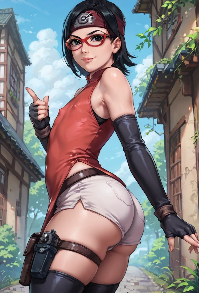 score_9_up, score_8_up, score_7_up, score_6_up, score_5_up, score_4_up, ,zPDXL2, solo, rating_safe, perfect face, perfect eyes, BBC_Chan Style, Sarada Uchiha, solo, 1girl, black hair, short hair, red-framed eyewear, headband, glasses, black eyes, double slit red dress, sleeveless, elbow gloves, black gloves, fingerless gloves, white shorts, black thighhighs, thigh holster, large round butt, bubble butt, gluteal fold ,konohagakure village pathway, flat chest,full lips, wide hips, thick thighs, (cheeky_smirk:1.3), nipple bulge, (side view:1.4)
