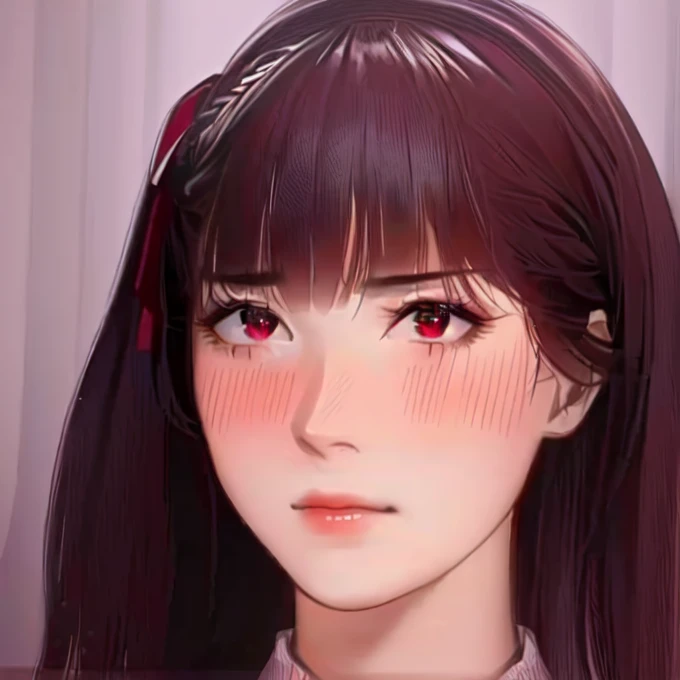 young girl, alone, looking at the viewer, (realist:1.4), (WA2K:1.0), Red eyes, shirt, jacket, Red tie, (Claret hair), braid, (one side up:1.2), (hair band), (blush, ashamed), (detailed, ultra-detailed, high detailed, ultra realist 8k CG, perfect work of art, high quality), Wood table, flores, interior