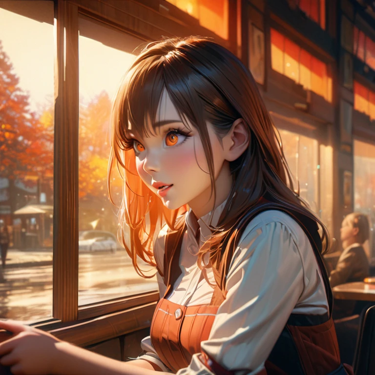 (best quality,highres,masterpiece:1.2),ultra-detailed,a charming coffee shop, some customers drinking tea, waiters wearing Dirndl uniforms, interior made of warm wooden tones, red and orange twilight blending through the windows, an autumn forest landscape visible outside, 8k, high quality, photorealistic, beautifully detailed, intricate textures, dramatic lighting, vibrant colors,(long eyelashes,beautiful detailed eyes,beautiful detailed lips,extremely detailed eyes and face,vibrant colors,cinematic lighting,warm tones,photorealistic,masterpiece,8k,hyper detailed),happy laugh,distant view,