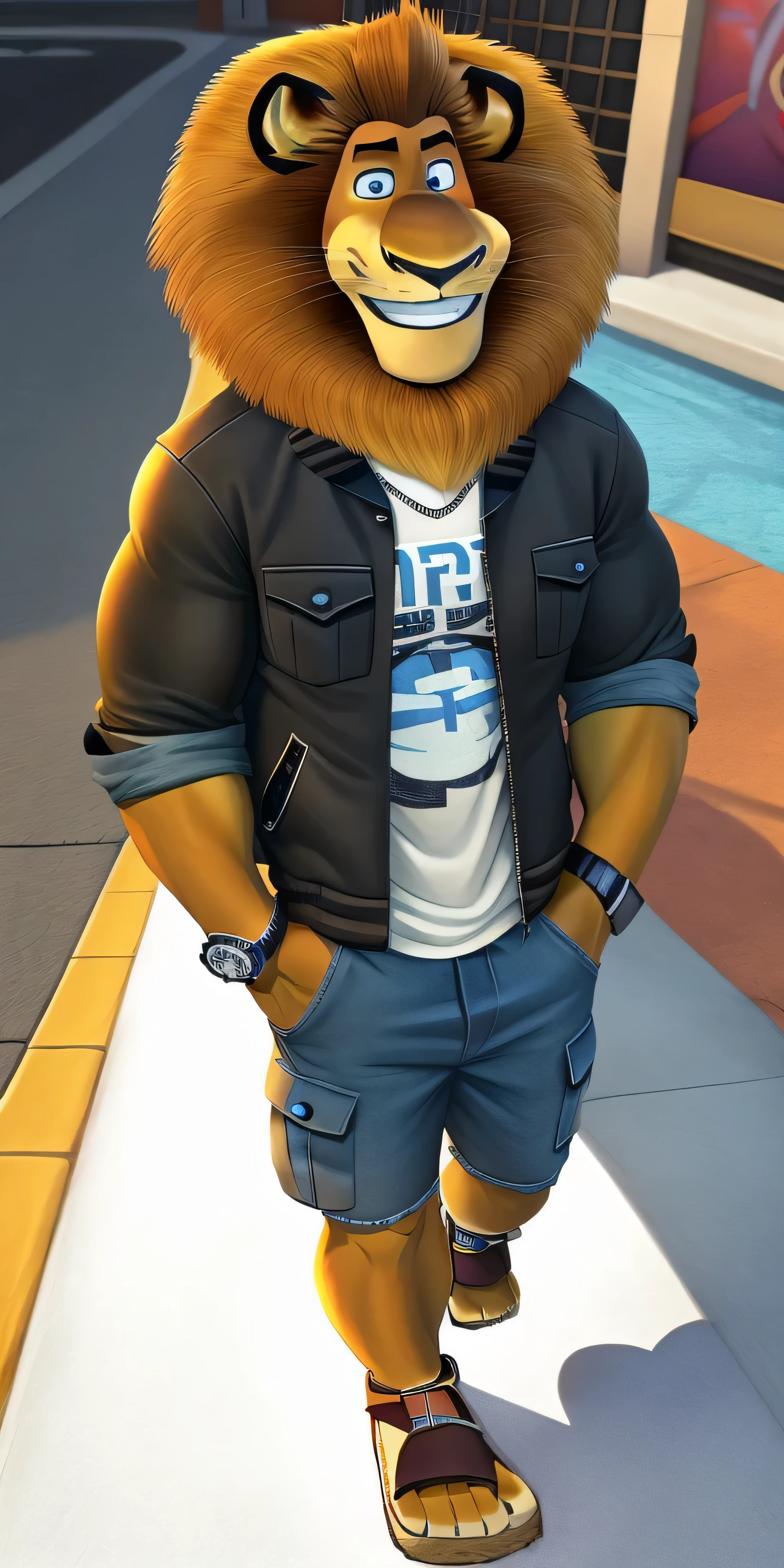 Alex the Lion, muscular body, big biceps, extremely beautiful and cute face, perfectly detailed blue eyes with perfectly detailed pupils, wears cyan t-shirt, black varsity jacket with long sleeves, fancy watch on his right wrist, hands in pockets, denim cargo shorts, Birkenstock sandals, streets background, selfie, friendly look, cute smile