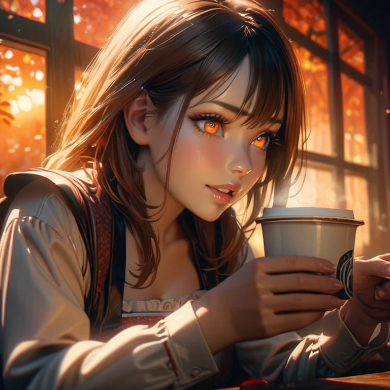 (best quality,highres,masterpiece:1.2),ultra-detailed,a charming coffee shop, some customers drinking tea, waiters wearing Dirndl uniforms, interior made of warm wooden tones, red and orange twilight blending through the windows, an autumn forest landscape visible outside, 8k, high quality, photorealistic, beautifully detailed, intricate textures, dramatic lighting, vibrant colors,(long eyelashes,beautiful detailed eyes,beautiful detailed lips,extremely detailed eyes and face,vibrant colors,cinematic lighting,warm tones,photorealistic,masterpiece,8k,hyper detailed),happy laugh,distant view,