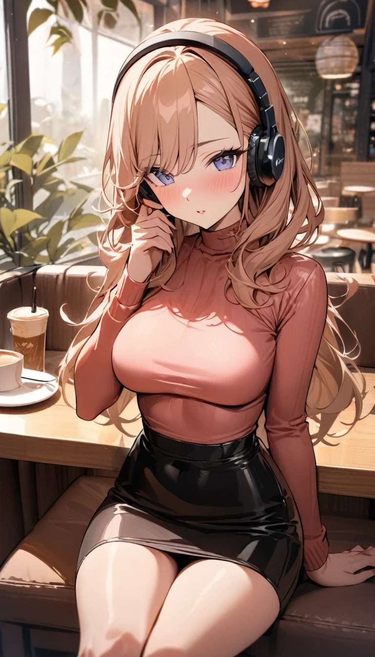((Top Quality)), ((Masterpiece)), ((Details)), perfect face, perfect body, fallen leaves background, sitting in a cafe, listening to music, sitting with legs apart, wearing tight clothes, wear a tight skirt, dating, Woman with face visible, glamorous, peach clothe