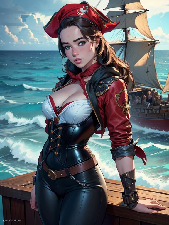 A young girl in a pirate outfit, Anna Popplewell, standing on a ship deck in the ocean, wearing tight leather pants, a corset with cleavage showing, small breasts, and a red bandana, (best quality,4k,8k,highres,masterpiece:1.2),ultra-detailed,(realistic,photorealistic,photo-realistic:1.37),beautiful detailed eyes,beautiful detailed lips,extremely detailed eyes and face,longeyelashes,intricate detailed pirate outfit,detailed ocean scenery,dramatic lighting,vibrant colors,cinematic composition