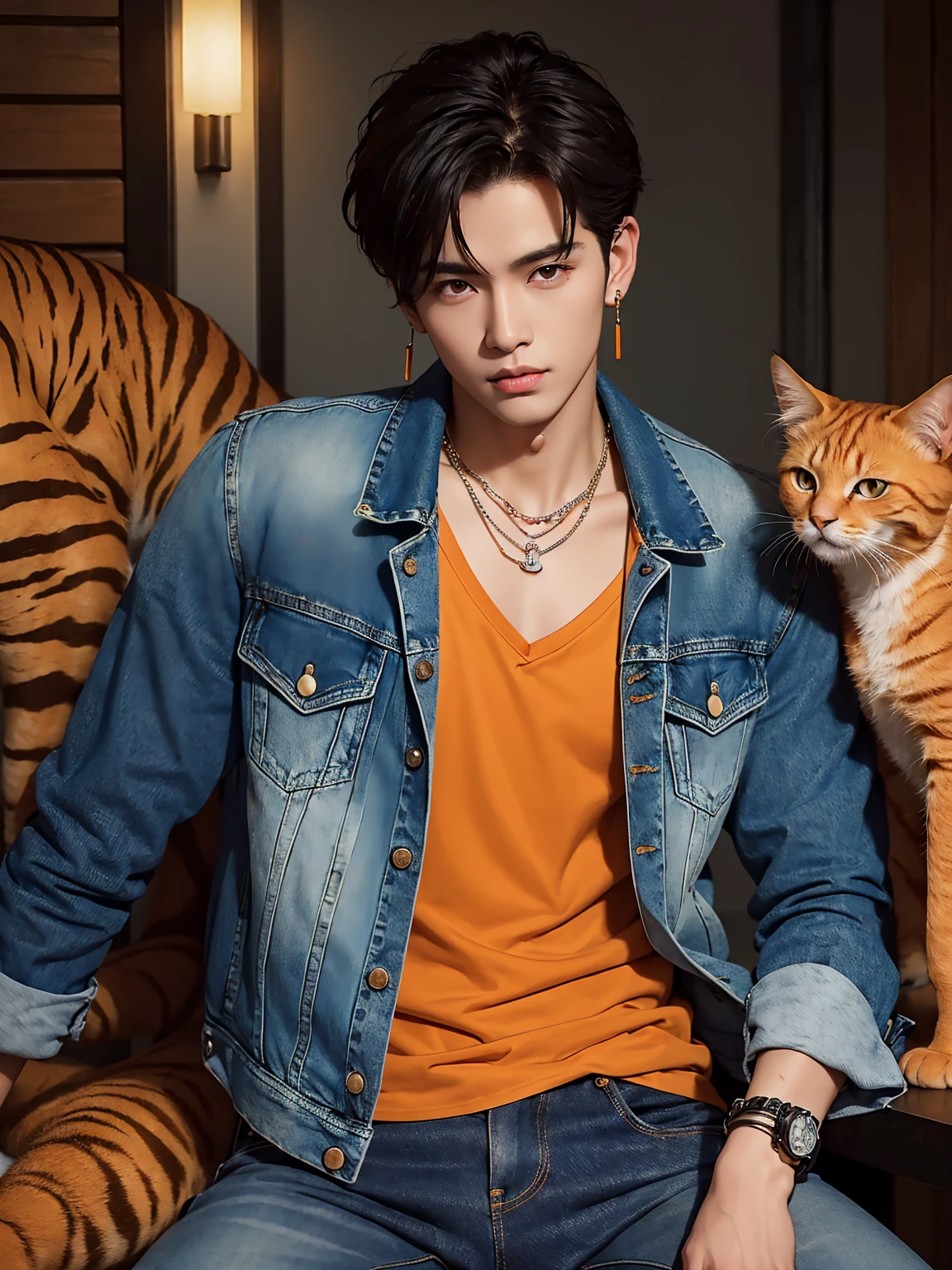 Blonde Korean boy holding a brown bear and white tiger collar in his hands 