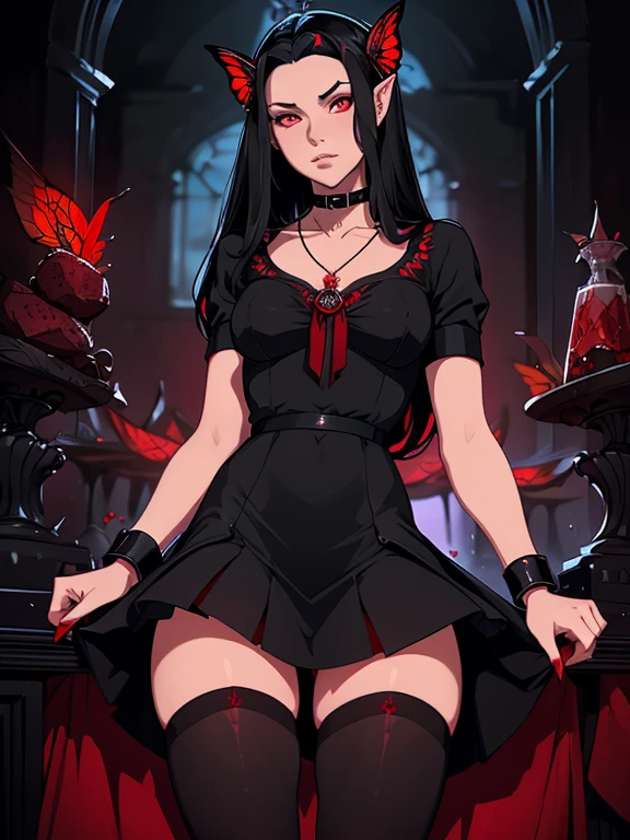 Expressionless,,(Dark Fantasy),((Wonderful Illustration)),(Detail Splash), long black hair, red pupils, girl, pure black dress, only the collar, cuffs and skirt are dark red, ears Pinned to the side is a red butterfly barrette, masterpiece, best quality, high quality, headpiece,, red and black crystal necklace, black knee socks