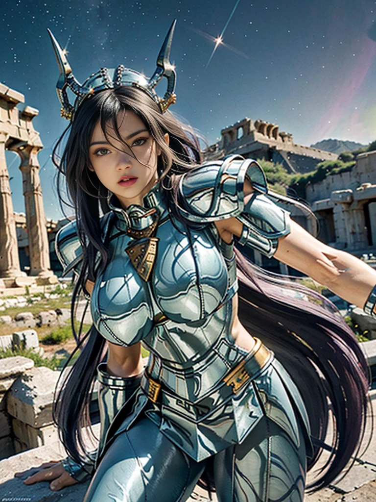 masterpiece, best quality, ultra high res, realistic skin texture, armature, (photorealistic:1.4), high resolution, raw photo, shiny skin, realistic skin texture, best lighting, sparkle, dramatic lighting, dynamic pose, (greek temple background:1.3), night sky, cosmos, milky way, 1girl, (medium breast:1.1), balanced eyes, Dragon Shiryu wearing green silver armor, purple pants, purple short sleeve shirt, wearing dragon helmet, roman skirt plate, (breast plate:1.5), very long hair, shield, cleavage,