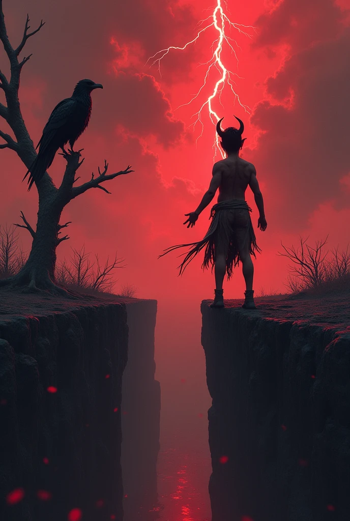 Create a painting of a skinny black teenager with a demon tail and horn standing at a crossroads in a cemetery around him catches fire