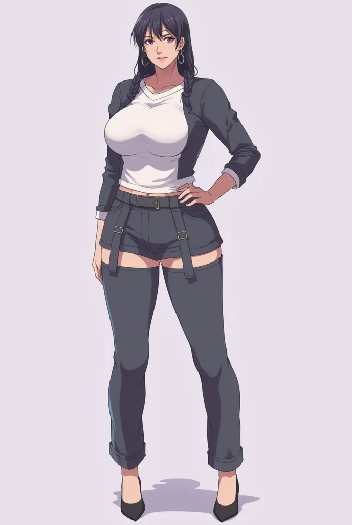 1girl, spiked hair, very short hair, yellow eyes, tan, tan skin, tan-skinned female, black hair, tomboy, pixie cut, large breasts, hourglass figure, thick thighs, smile, smirk, smug, toned, white shirt, jacket, sneakers, black jacket, shirt, short pants, shorts, fingerless gloves, standing, full body