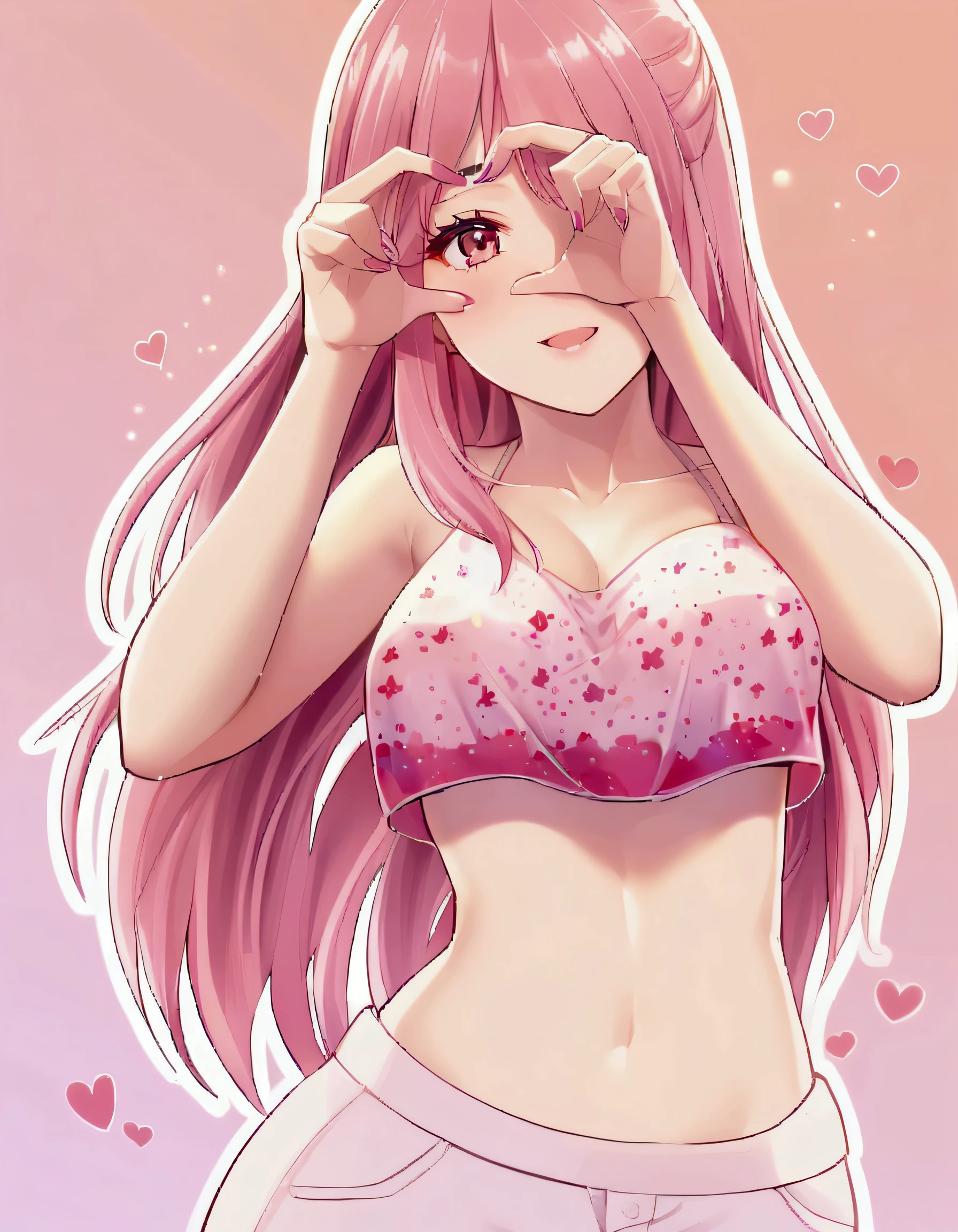 masutepiece, The upper part of the body, 1girl in, Solo,, Pink tones, Manga style, pink cherry blossoms nearby,14years, Pink hair、long、swim wears, The navel is visible、(White background), Looking at the viewer, side front pose