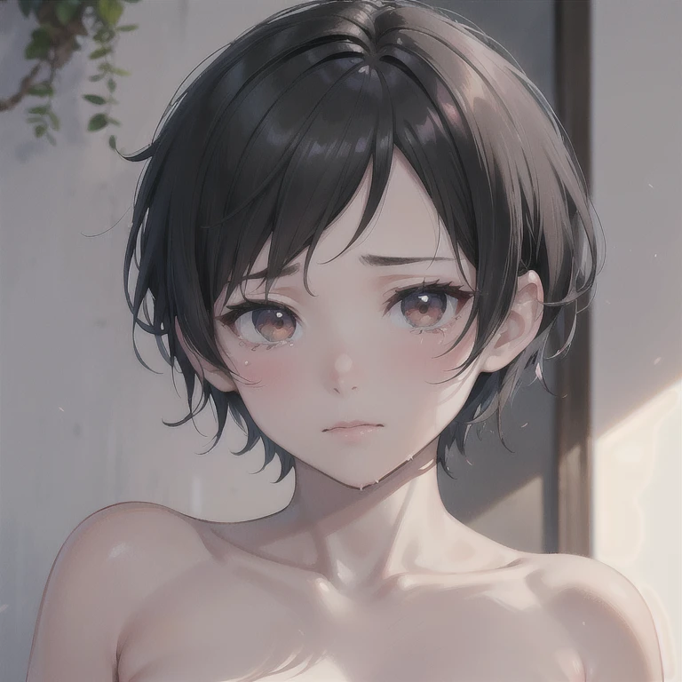 naked、nude、,boyish,Married women,Sad face、Crying face、Black Hair、whole body,Portraits,short hair,short hair,Very short hair,thin,frontview,
