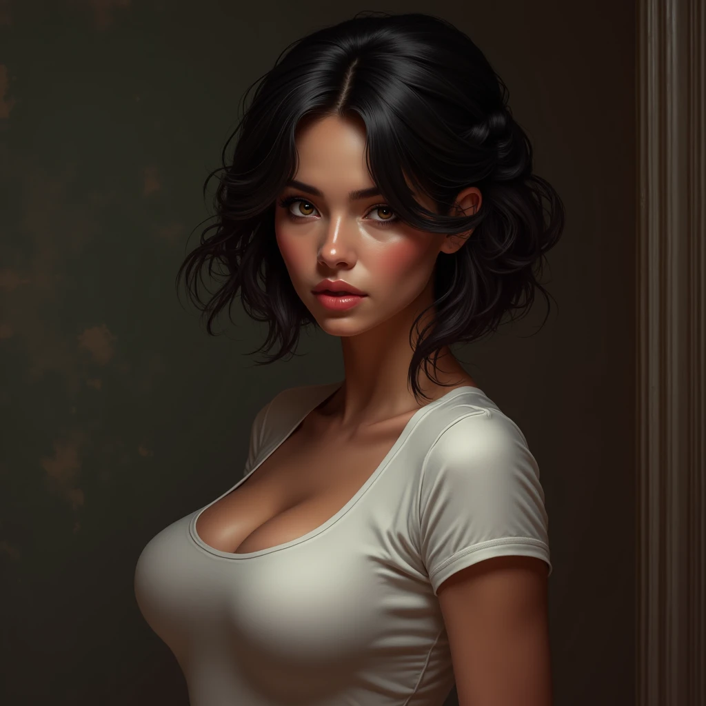 a beautiful indian girl, detailed face, long eyelashes, full lips, perfect breasts, toned body, sensual pose, detailed skin, chiaroscuro lighting, dramatic shadows, cinematic composition, high contrast, vibrant colors, oil painting style, romantic aesthetic