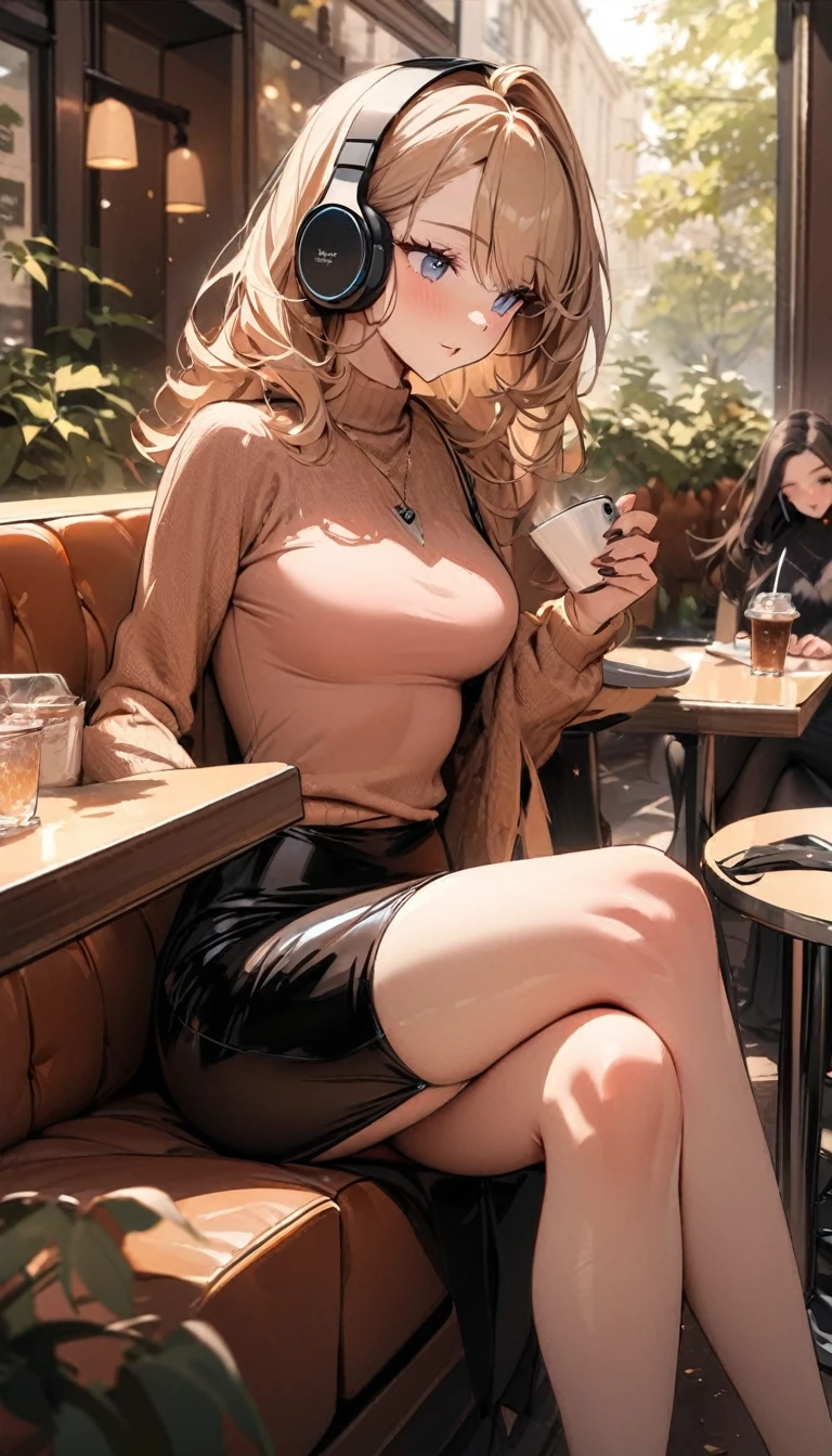 ((Top Quality)), ((Masterpiece)), ((Details)), perfect face, perfect body, fallen leaves background, sitting in a cafe, listening to music, sitting with legs apart, wearing tight clothes, wear a tight skirt, dating, Woman with face visible, glamorous, peach clothe