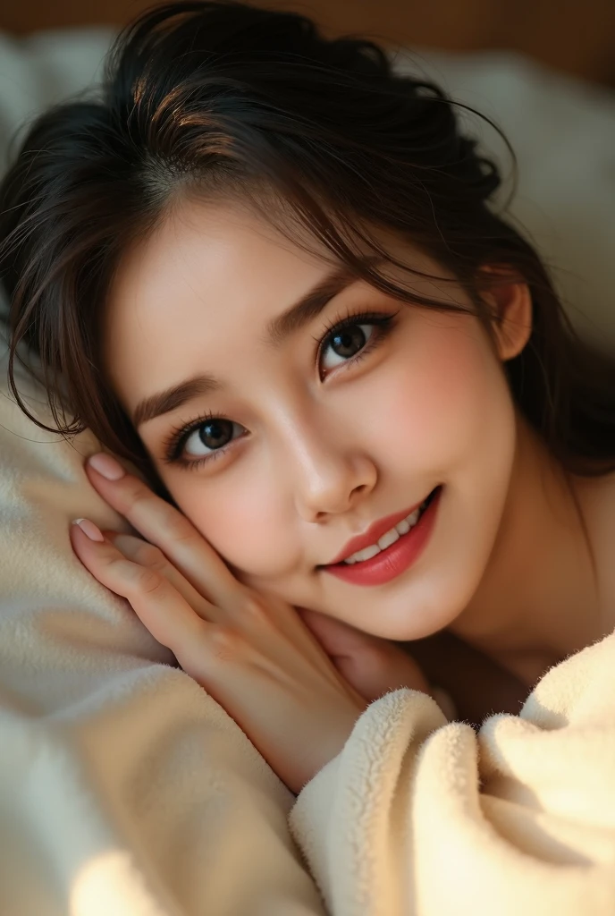 ((bestquality)), ((masterpiece)), (Detailed), perfect face,,Japanese girl with a young face,small blue eyes,Celebrity nose,Pink lips, beautiful smile,hair,Lying naked on a mattress in a pink bedroom
