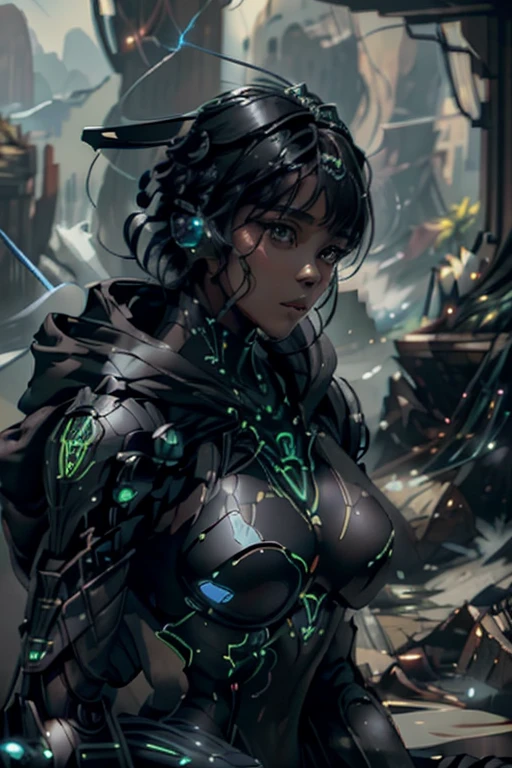 4k, details, realism, a beautiful girl, brown skin, short black hair, is in a futuristic city inhabited only by robots,
She is looking at the camera, she is wearing a green and black outfit with a hood,