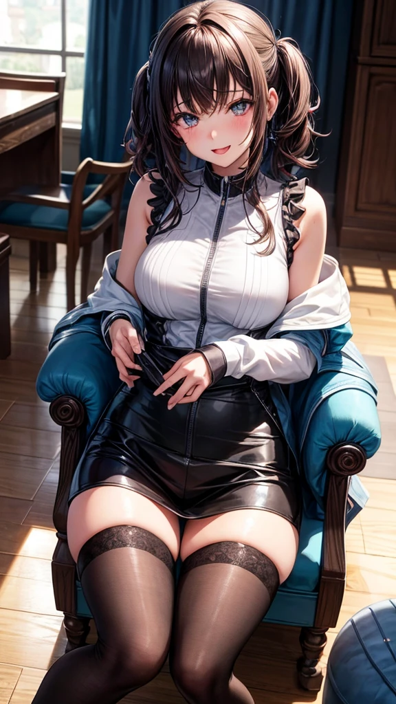 (((Sexy corset:1.65)))、(((Sexy knee-highs:1.35)))、(((sexy panties:1.35)))、(((Sexy bra:1.35)))、(((Sexy high heels:1.35)))、((((Spread your legs wide、Touching the thigh、There is a lot of pubic hair showing off the crotch、large pointy breasts))))、Browsing Caution、 (Humans are biologically correct、references) 、 lose extra limbsslim limbsextra numbersmutated hands and finger fusionfingersslim bad handslong necklong body anatomybad deformationbad deformation no extra breasts、Not Futanari、Not Moriman、(Dynamic pose:1.4), (Dynamic Angle:1.4), rest (Detailed Background:1.4)、Super detailed背景、(Floating light blue clouds:1.4)、(Floating blue flowers:1.4)、 rest (Perfect Anatomy、Perfect hands:1.4)、(Five perfect fingers:1.4)、(Four perfect long fingers and a perfect short thumb:1.4)、(The thumb is shorter than the other four fingers:1.4)、(Perfect Arms:1.4)、(Perfect two legs:1.4)、((Highest quality、8k、masterpiece:1.3))、1 girl、一個smile、Whole Body Ezbian、Thin face、Beautiful woman、(Dark brown hair)、Ultra-fine face、Delicate eyes、double eyelid、Blurred Background、Thin face、Lovely、very cute beautiful girl、幸せなsmile、comprehensive、Super detailed、4K、On the table、Small Mouth、Huge 、here、underwear、Short skirt,High Waist Skirt,High neck,No sleeve,Bob Hairstyle,boots,Super detailed, 4K, On the table,smile,Small Mouth,White shirt、A skirt that shows your body lines、Low - Angle、White sweater、Takushige、Too short mini pleated skirt:1.4,National Foundation