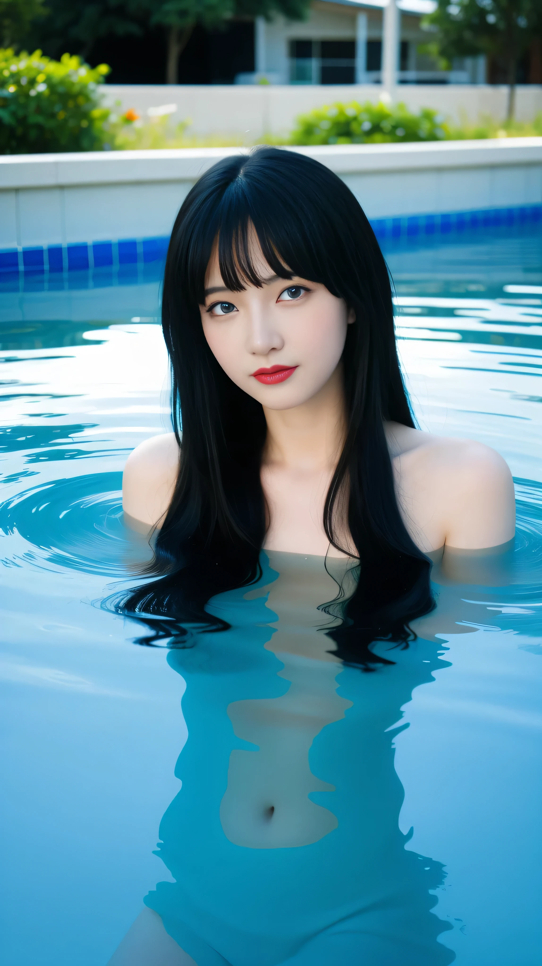 best qualtiy，tmasterpiece，Ultra-high resolution，Clear face,（Reality：1.4），RAW photogr，cold light，(photo realistic:1.50), A woman in a transparent dress under the water，Full body photo，wallpaper anime blue water，Guviz-style artwork，closeup fantasy with water magic，by Yang J，Guviz，a beautiful artwork illustration，Water Nymphs，beautiful digital artworks，beautiful digital illustration，Li Song，a beautiful anime portrait，Art style in Beauvot, 1girl, solo long hair, black hair, Bangs, full body, sitting, Swimming pool, in the water, Wet body, very clear water, Under the swimming pool, (blue eyes:1.3), indoor, room, Night sky, (looking at viwers:1.3), From above,