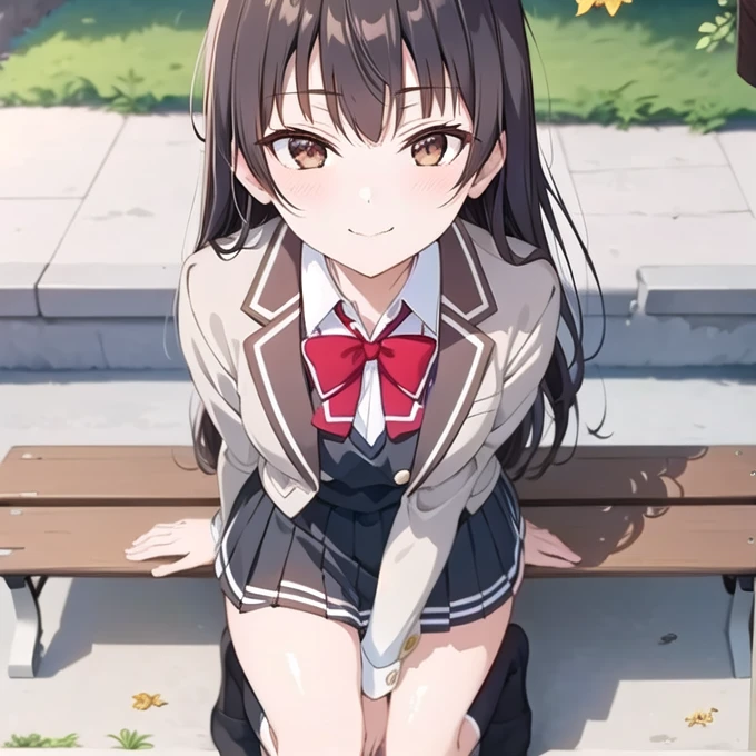 ((((full body shot)))),masterpiece:1.2), Highest quality,((((High resolution)))), unity 8k wallpaper, (shape:0.8), ((((Highly detailed face)))), Perfect lighting, (((Extremely detailed CG))),One girl, bangs, Black Hair,Blurred, Blurred background, blush, bow, bowtie, Brown eyes, Brown Hair, Bush, Collared shirt, Depth of written boundary, dress, Eyebrows visible through hair, Flesh-colored jacket, Long Hair, Long sleeve, Open clothes, open jacket, red bow, red bowtie, school uniform, ((White shirt)), skirt,  smile, very Long Hair,((Knee-high socks)),(((Black socks))),((Black vest)),((garden)),(((blue sky))),(((Sit on a bench)))