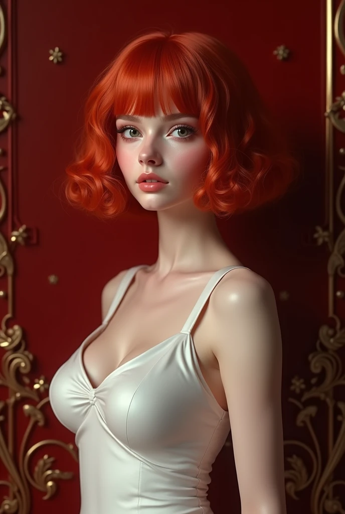 ,exotic busty Icelandic girl,  red close-cropped hair, curly hair, pale skin, (collar), fantasy art, concept art, sexy pinup, highly detailed, high quality, 8k, delicate features, feminine, seductive, (style of howard chandler christy:1.0), (art by jean-joseph benjamin-constant:1.3)
