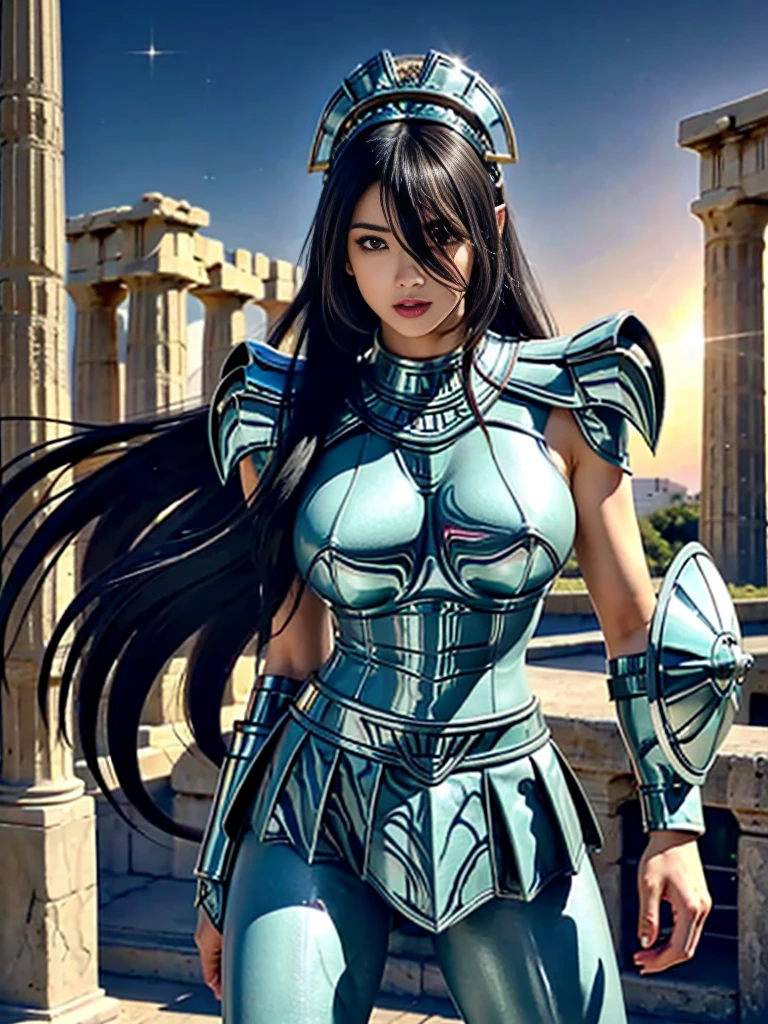 masterpiece, best quality, ultra high res, realistic skin texture, armature, (photorealistic:1.4), high resolution, raw photo, shiny skin, realistic skin texture, best lighting, sparkle, dramatic lighting, dynamic pose, (greek temple background:1.3), night sky, cosmos, milky way, 1girl, (medium breast:1.1), balanced eyes, Dragon Shiryu wearing green silver armor, purple pants, purple short sleeve shirt, wearing dragon helmet, roman skirt plate, (breast plate:1.5), very long hair, shield, cleavage,