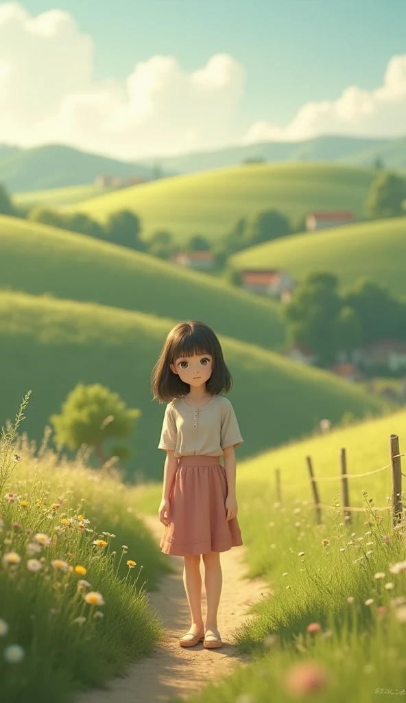 Tip: A very charming little girl with a backpack and her cute puppy enjoying a lovely spring outing surrounded by beautiful yellow flowers and nature. The illustration is a high-definition illustration in 4k resolution, featuring highly detailed facial features and cartoon-style visuals.
