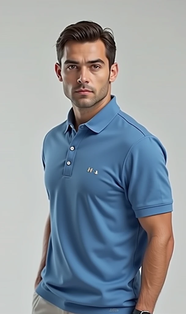 1 man, smile, (wearing a navy polo shirt, round neck, short sleeve shirt ยี่ห้อ under armor), Jeans, Korean guy , korean men, (High gloss details), chest muscles, Big arm muscles, blood vessel, big muscles, Broad shoulders, looking at the audience, Balancing the eyes, (Make eye contact), (White house without trees: 1.3)